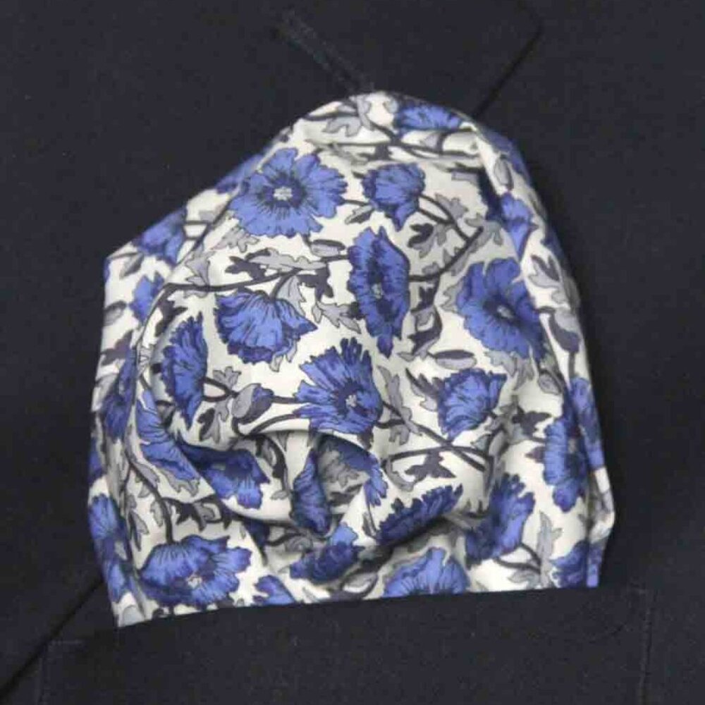 NEW Hand Stitched Tana Lawn Italian Cotton Floral Pocket Square Blue Black